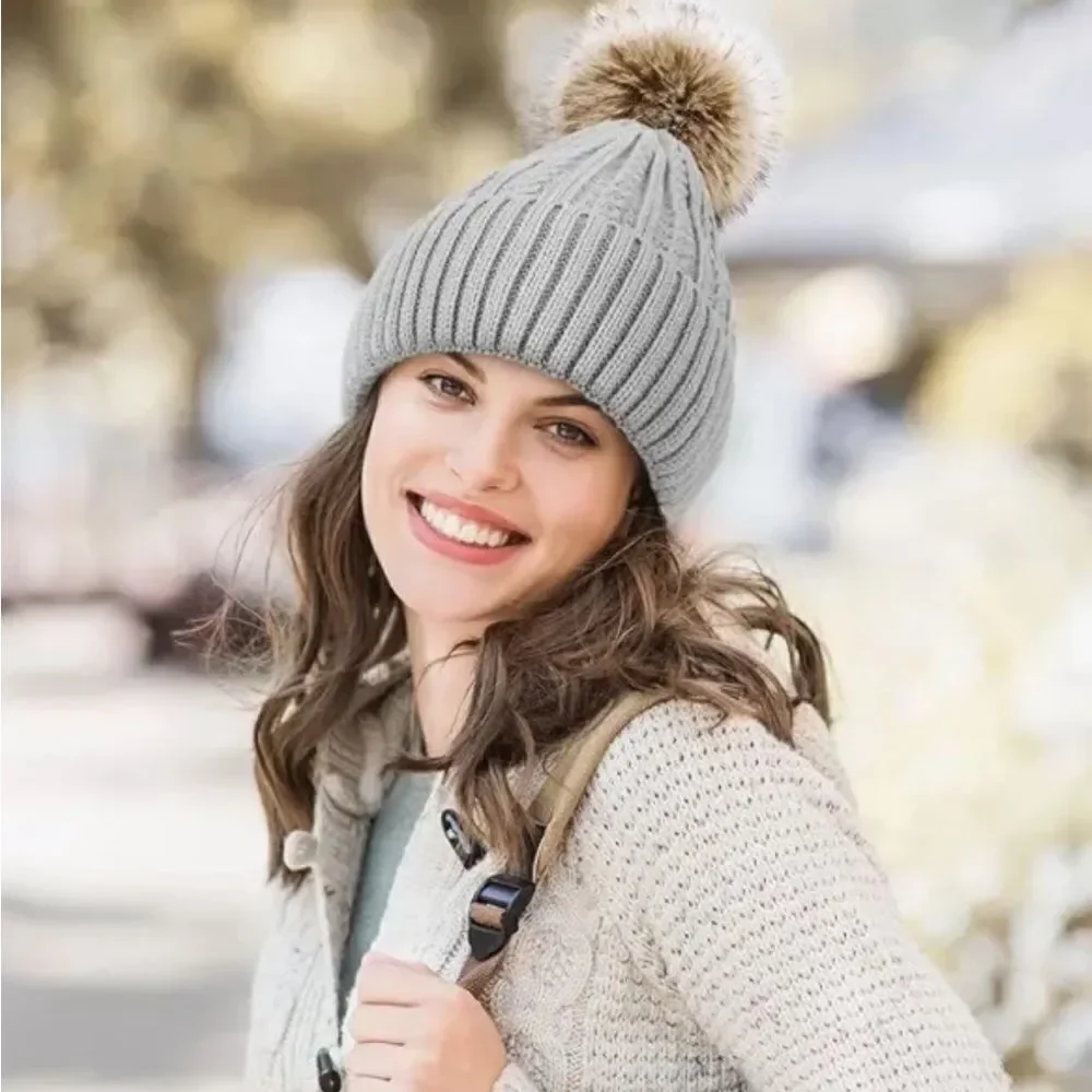 Women Fleece Beanie Hat Knit Plain Solid Winter Warm Hat with Faux Fur Pom
